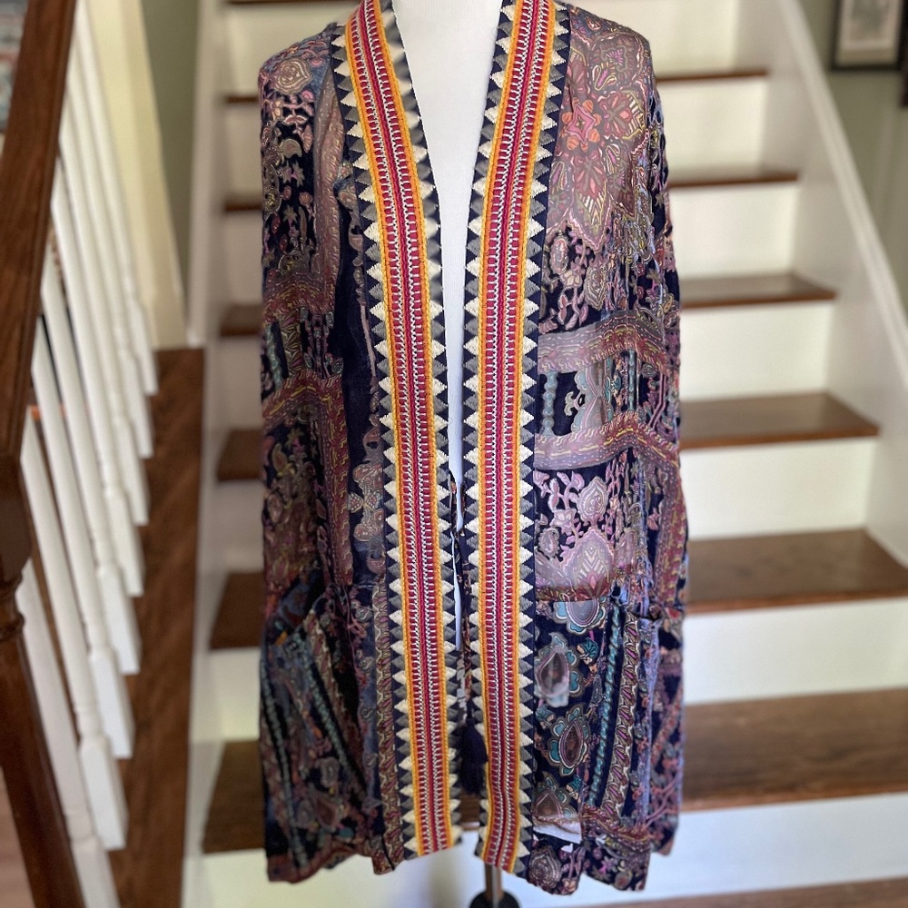 NWT Johnny Was 2-Pocket Burnout Velvet Kimono Silk Blend Sz M